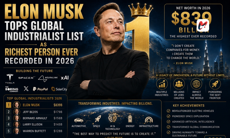 Elon Musk Tops Global Industrialist List as Richest Person Ever Recorded in 2026